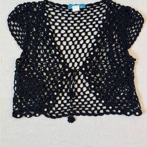 Black Crochet Open-Front Shrug with Pom Pom Ties And Pearls 90s/y2k